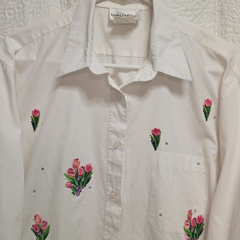 Vintage 90s Erin London button down blouse shirt top white floral large casual